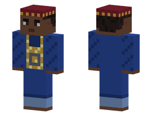 A pixel skin in a royal blue agbada with gold embroidery and a tall red and gold kufi.