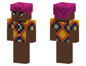 A pixel skin in a bold orange, blue and yellow ankara print top with a tall magenta head wrap.