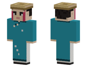 A pixel skin in a teal ao dai with long side panels over light trousers, wearing a conical straw hat.