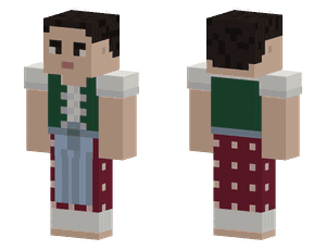 A pixel skin in a dirndl: a white blouse with puff sleeves, a green bodice, a red skirt and a blue apron.