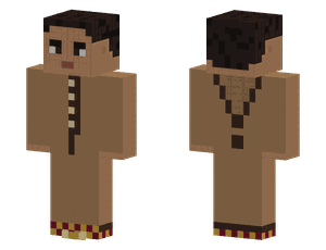 A pixel skin in a long brown djellaba with buttons down the front and embroidered shoes.