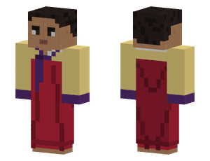 A pixel skin in a hanbok: a short yellow jacket with a purple collar over a long red skirt.