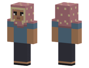 A pixel skin wearing a dusty pink hijab with small dots and a light trim around the face, with a T-shirt and trousers.