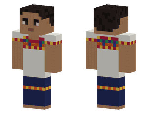 A pixel skin in a white huipil with colorful embroidered bands at the neck and sleeves, and a navy skirt.