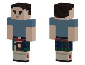 A pixel skin in a dark tartan kilt with a sporran, a blue T-shirt and light hose.
