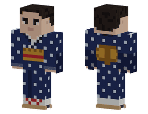 A pixel skin in a navy kimono with a white dot pattern, a striped obi and wooden geta sandals.