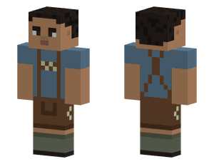 A pixel skin in brown leather lederhosen with suspenders over a blue T-shirt, with green socks.