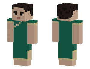 A pixel skin in a green qipao with short sleeves, a high collar and side slits.