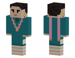 A pixel skin in a teal kurta with a pink dupatta worn in a V and fitted striped trousers, with earrings.