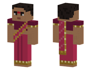 A pixel skin in a crimson sari with a gold border, shown from the front and the back.