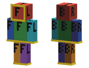 A test skin where every body part has its own color and every face shows a letter: F, B, L, R, T and U.