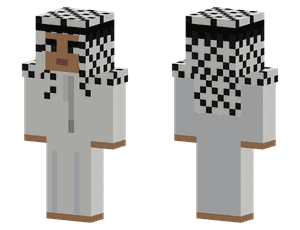 A pixel skin in a white thobe with a black and white checked keffiyeh on the head and shoulders.