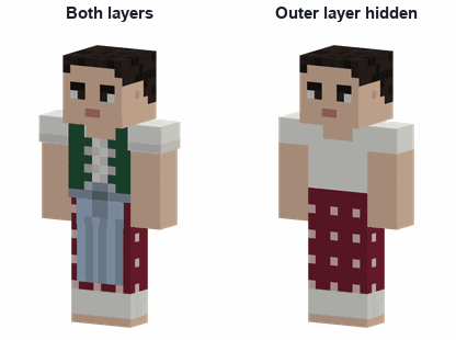 A made-up figure in a dirndl shown twice: with both layers, wearing an apron and puff sleeves, and with the outer layer hidden, showing only the blouse and skirt beneath.