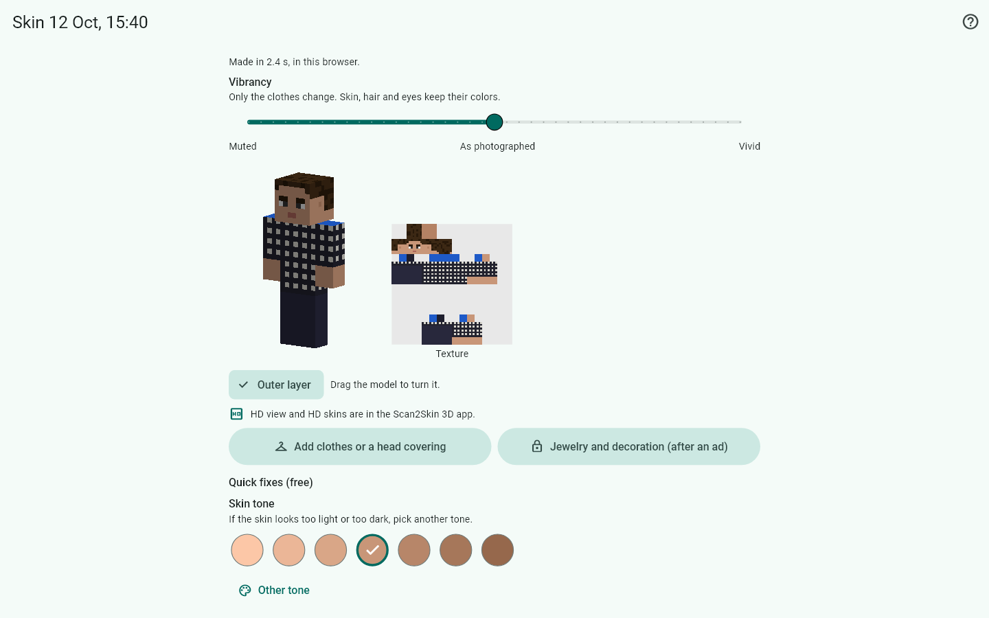 La herramienta web de Scan2Skin 3D en la pantalla de una computadora, con un aspecto terminado en 3D junto a su textura