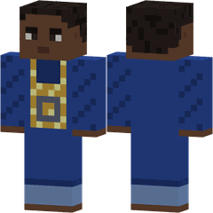 Una figura de píxeles, de frente y de espaldas, con una agbada azul rey con bordado dorado en el cuello.