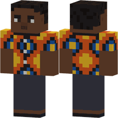 Una figura de píxeles, de frente y de espaldas, con una camisa de estampado wax llamativo en naranja, azul y amarillo.