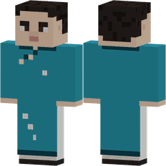 Una figura de píxeles, de frente y de espaldas, con un ao dai verde azulado de paneles largos sobre un pantalón blanco.