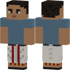 Una figura de píxeles, de frente y de espaldas, con un dhoti blanco con borde rojo y dorado, debajo de una camiseta.