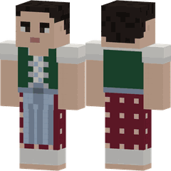 Una figura de píxeles, de frente y de espaldas, con un dirndl: blusa blanca, corpiño verde, falda roja y delantal azul.