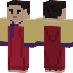 Una figura de píxeles, de frente y de espaldas, con un hanbok: una chaqueta corta amarilla sobre una falda larga roja.