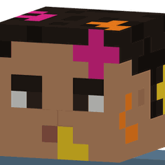 La cara de una figura de píxeles con colores de Holi rosa, naranja y amarillo brillantes.