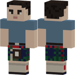 Una figura de píxeles, de frente y de espaldas, con un kilt de tartán verde, un sporran y calcetines claros.