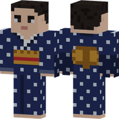 Una figura de píxeles, de frente y de espaldas, con un kimono azul marino de lunares blancos y un obi ancho.