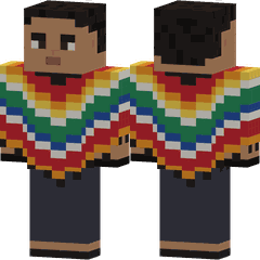 Una figura de píxeles vista de frente y de espaldas con un poncho de rayas de muchos colores y flecos.