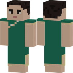 Una figura de píxeles vista de frente y de espaldas con un qipao verde de cuello alto y aberturas laterales.