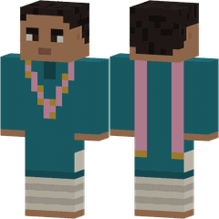 Una figura de píxeles vista de frente y de espaldas con una kurta verde azulado, un dupatta rosa y un pantalón a rayas.