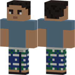 Una figura de píxeles vista de frente y de espaldas con un sarong a cuadros azules y verdes bajo una camiseta.